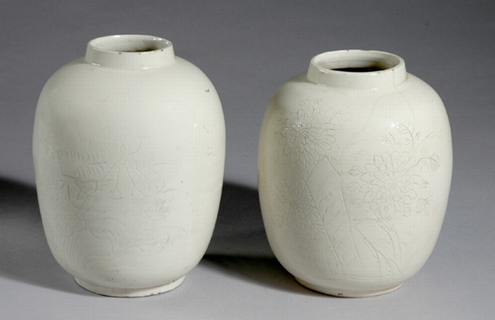 Lot image - Two Chinese White Glazed Porcelain Vases; Together with a Korean Celadon Glazed Bowl