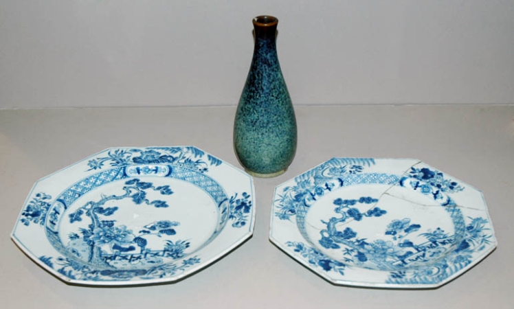 Lot image - Japanese Blue Glazed Pottery Bottle Vase; Together with Two Chinese Blue and White Glazed Dishes