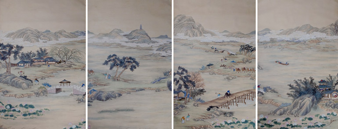 Lot image - Four Chinese Hand Painted Wallpaper Panels