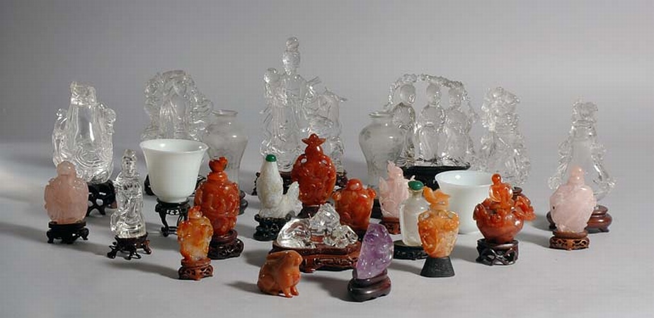 Lot image - Miscellaneous Group of Chinese Hardstone and Glass, Rose Quartz, Carnelian, and Glass Figures