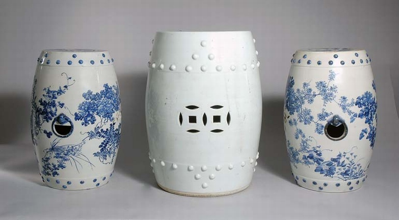 Lot image - Pair of Chinese Blue and White Glazed Porcelain Garden Stools
