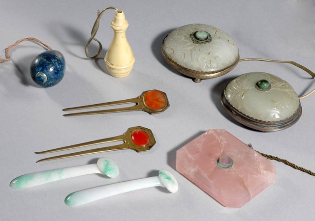 Lot image - Group of Five Chinese Hardstone and Ivory Mounted as Electrified Bells