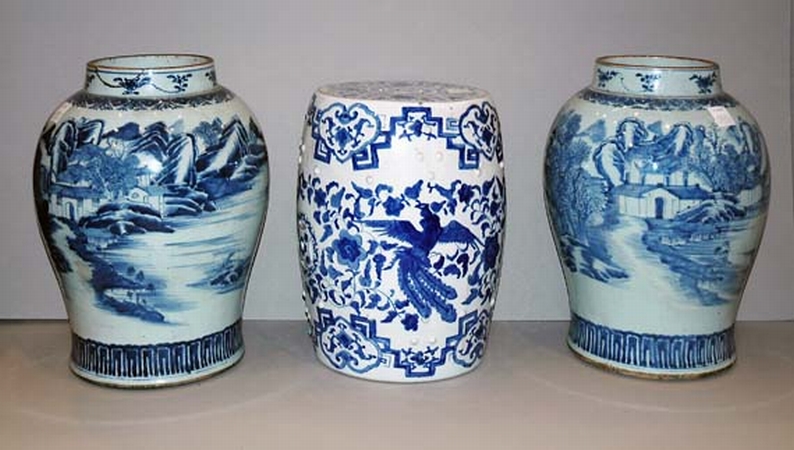 Lot image - Two Blue and White Glazed Vases and a Garden Seat