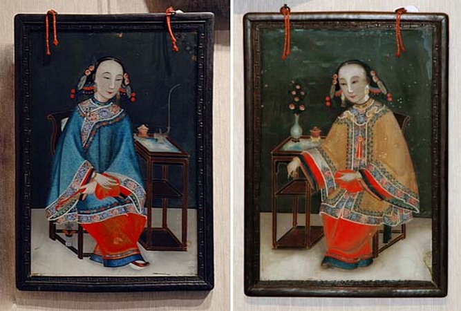 Lot image - Two China Trade Reverse Glass Paintings of Women