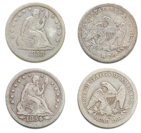 Lot image - Liberty Seated Quarter, Five Coins
