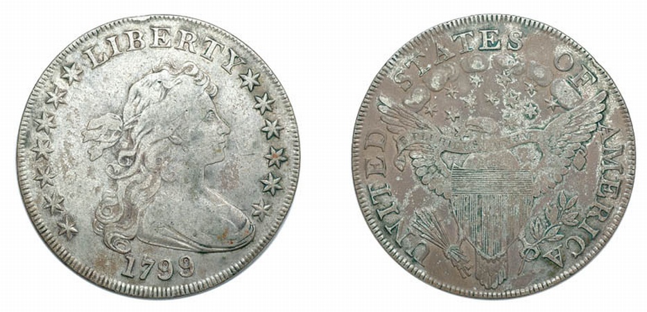 Lot image - 1799, Draped Bust Dollar, Large Eagle, Thirteen Star and Five Berries