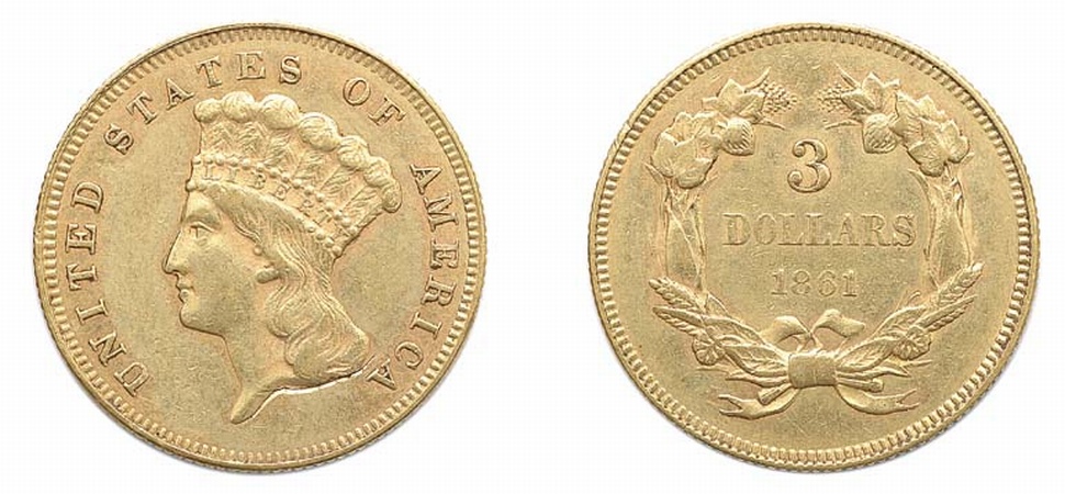 Lot image - 1861, $3 Indian Gold