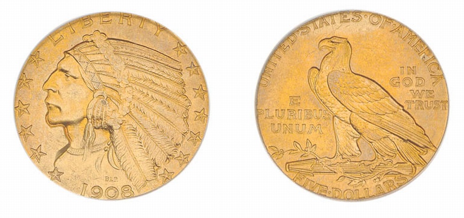 Lot image - 1908 $5 Indian (First of Issue)