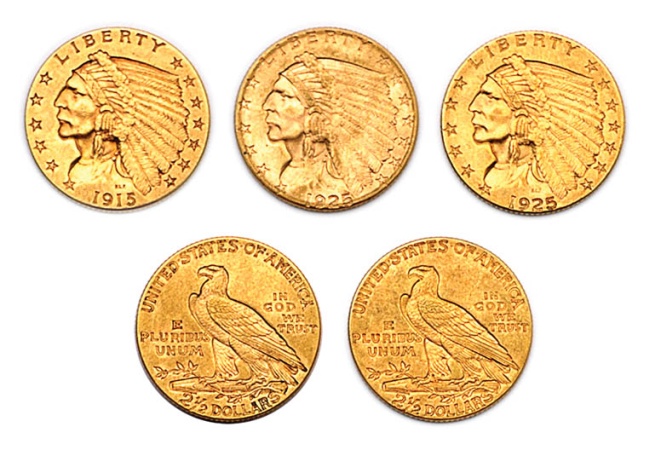 Lot image - $2 1/2 Gold Indians, Five Coins