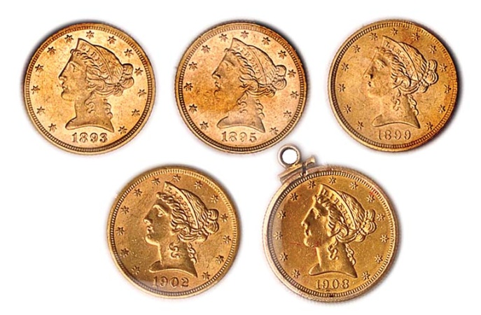 Lot image - $5 Liberty Head, Five Gold Coins