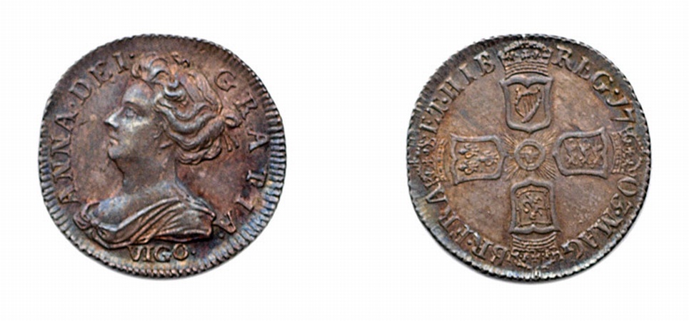 Lot image - 1703 Ann Six Pence, Vigo Below, S. 3590, KM. # 516