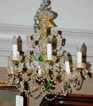 Lot image - Louis XV Style Gilt-Metal, Clear and Green Glass Six-Light Chandelier
