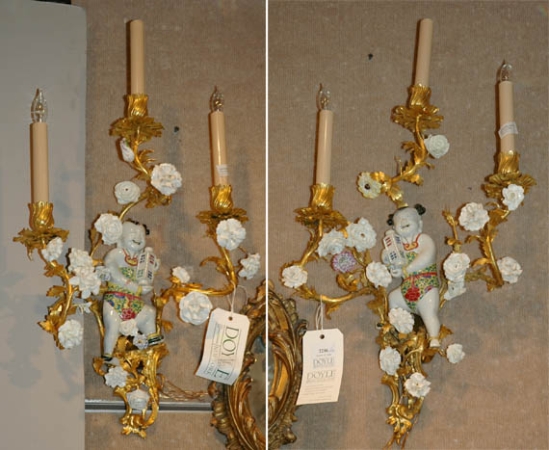 Lot image - Pair of Louis XV Style Porcelain and Gilt-Bronze Three-Light Sconces