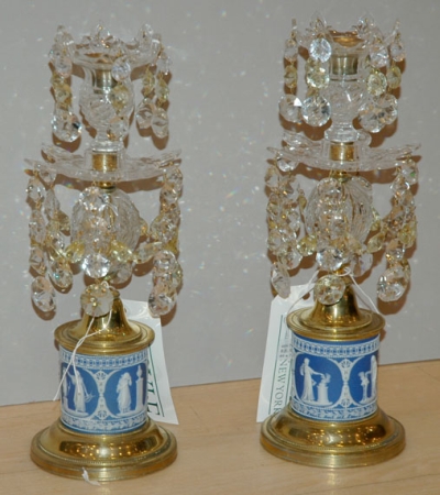 Lot image - Pair of George III Style Gilt-Bronze, Jasperware and Cut Glass Candlesticks