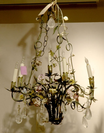 Lot image - Louis XV Style Tole, Porcelain and Rock Crystal Seven-Light Chandelier