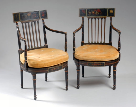 Lot image - Pair of Regency Floral Decorated Black Painted Armchairs