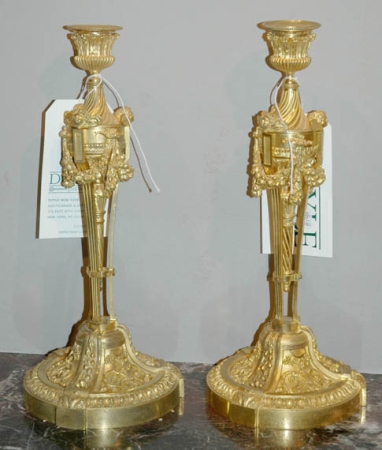 Lot image - Pair of Louis XVI Style Gilt-Bronze Candlesticks