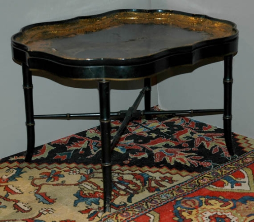 Lot image - Victorian Gilt Decorated Black Papier Mache Tray on Stand