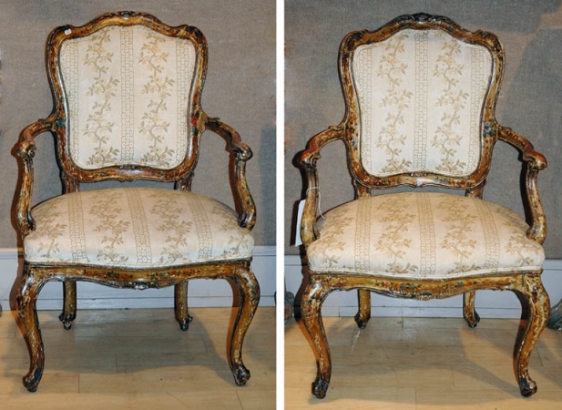 Lot image - Pair of Venetian Rococo Painted Fauteuils