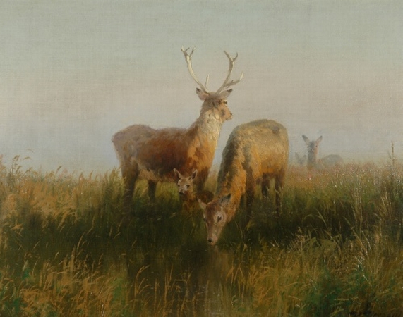 Lot image - Hermann Ottomar Herzog German/American, 1832-1932 Elk Losing Their Winter Coat, circa 1875