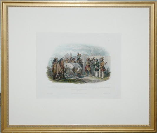 Lot image - After Karl Bodmer THE TRAVELLERS MEETING WITH MINATARRE INDIANS Hand-colored aquatint and engraving