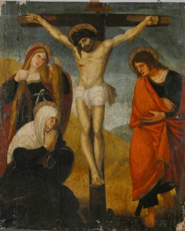 Lot image - North Italian School Circa 1500 The Crucifixion with Mary Magdalene, the Virgin and Saint John