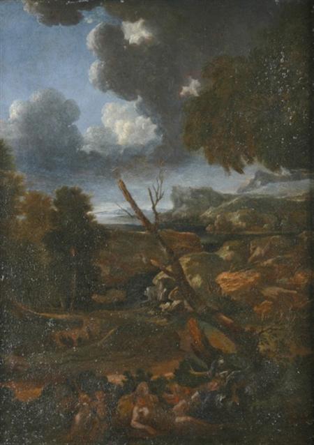 Lot image - Circle of Gaspard Dughet Venus Discovering the Slain Adonis in a Rocky Landscape