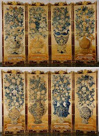 Lot image - Set of Eight Regence Aubusson Tapestry Panels   Early 18th century, later frames Each of rectangular form with various flo...