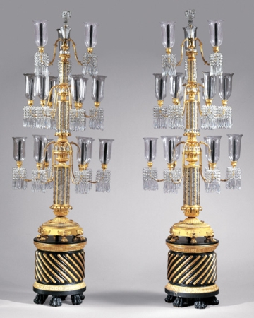 Lot image - Pair of Late Regency Gilt-Bronze and Cut Glass Three-Tier Fifteen-Light Torcheres