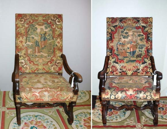 Lot image - Pair of Louis XVIII Style Walnut and Needlework High Back Armchairs