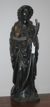Lot image - Colonial Carved and Black Painted Oak Figure of a Female Saint