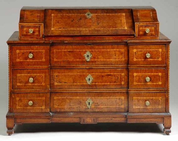 Lot image - South German Baroque Inlaid Walnut Schreibkommode   The superstructure with a central slant front writing lid flanked by sma...
