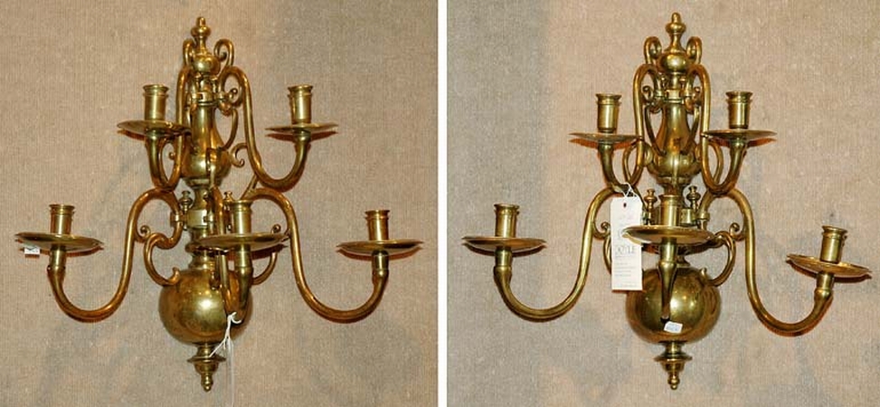 Lot image - Pair of Dutch Baroque Style Brass Five-Light Sconces