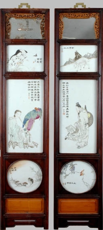 Lot image - Pair of Chinese Wood, Porcelain and Glass Mirrors