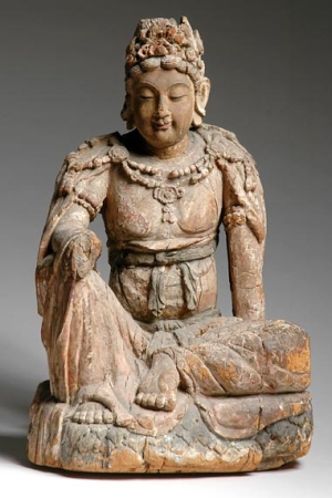 Lot image - Chinese Polychrome Painted Carved Wood Figure of a Bodhisattva