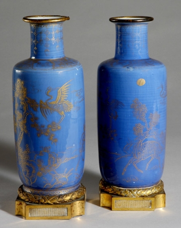 Lot image - Pair of Gilt and Patinated-Bronze Powder Blue Glazed Porcelain Vases