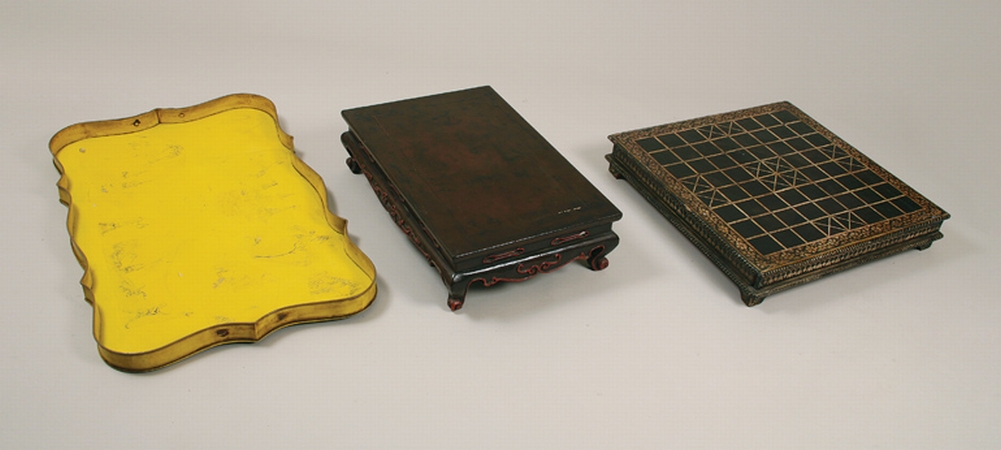 Lot image - Two Painted Low Tables; Together with a Yellow Tole Tray with Handles