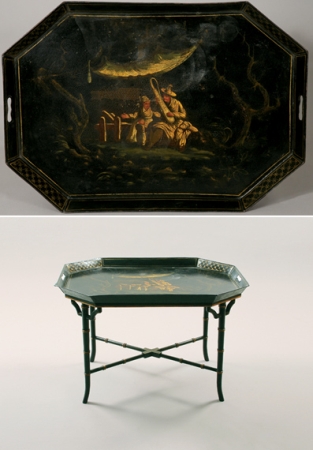 Lot image - Regency Style Black Lacquered and Parcel Gilt Tray Table on a Bamboo Stand