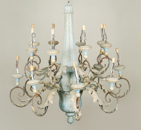 Lot image - Italian Baroque Style Blue Painted, Parcel Gilt and Patinated-Metal Sixteen-Light Chandelier