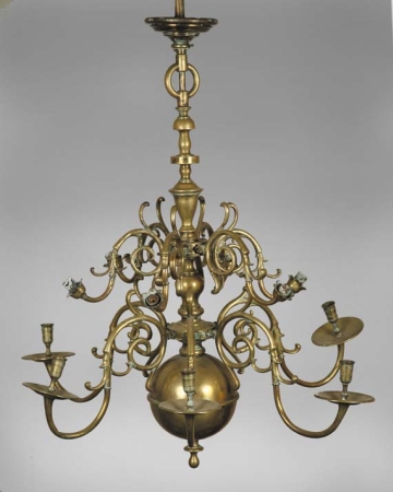 Lot image - Flemish Baroque Brass Twelve-Light Chandelier   18th Century The turned stem fitted with two tiers of scrolling candle bra...