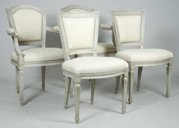 Lot image - Set of Fourteen Louis XVI Style Gray Painted Dining Chairs