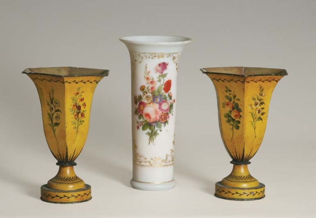 Lot image - Pair of French Tole Peinte Vases; Together with a French Opaline Glass Vase