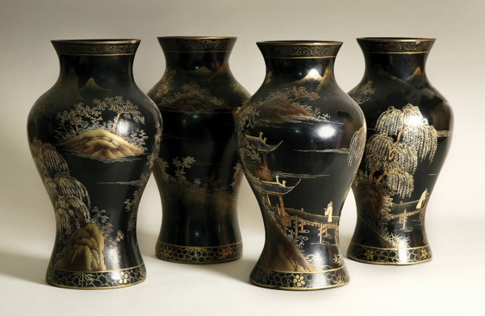 Lot image - Set of Four Chinese Black Lacquered and Parcel Gilt Papier Mache Vases