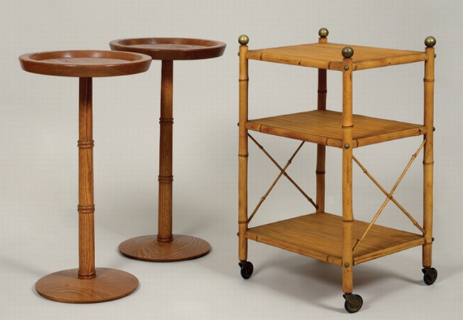 Lot image - Victorian Style Brass and Bamboo Three-Tier Etagere; Together with a Pair of Oak Circular Side Tables
