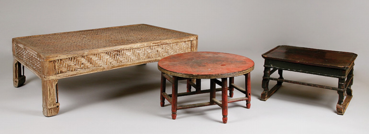 Lot image - Chinese Style Faded Rattan Low Table; Together with a Red Painted Circular Low Table and a Chinese Black Painted Low Table