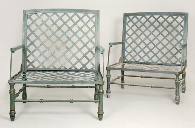 Lot image - Pair of Green Painted Metal Armchairs
