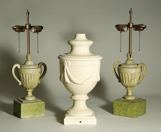 Lot image - Pair of Faux Marble Painted Urn-Form Lamps; Together with a Cream Ceramic Urn