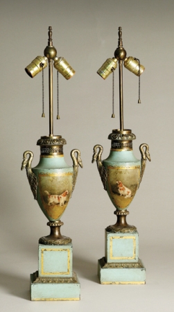 Lot image - Pair of Charles X Gilt-Metal and Tole Peinte Lamps