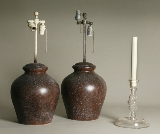 Lot image - Pair of Faux Porphyry Composition Urns; Together with a Glass Bulbous Candlestick