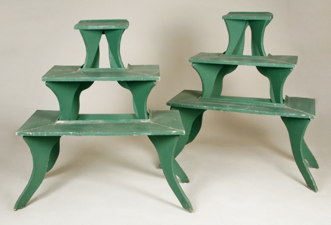 Lot image - Set of Three Green Painted Three-Tier Plant Stands